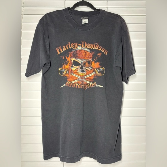 Harley Davidson Shirt Mens Large Crewneck Tee Skull Pirate Beach Motorcycles - Picture 1 of 7